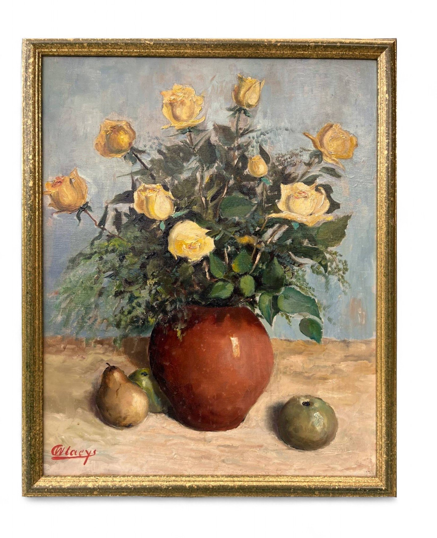 Still Life of a Vase of Yellow Roses and Fruit 